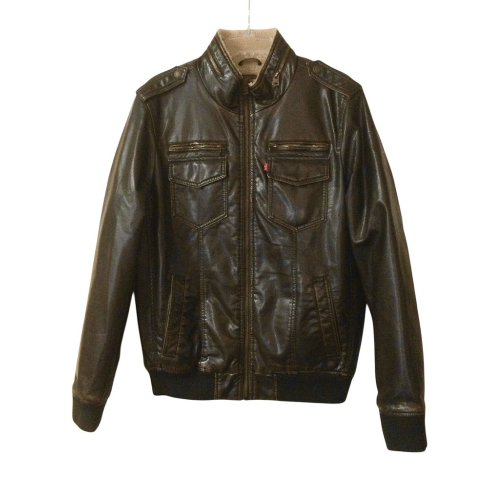 Levi's Dark Brown Faux Leather Sherpa Lined Bomber Biker Jacket Size Small - Picture 2 of 14